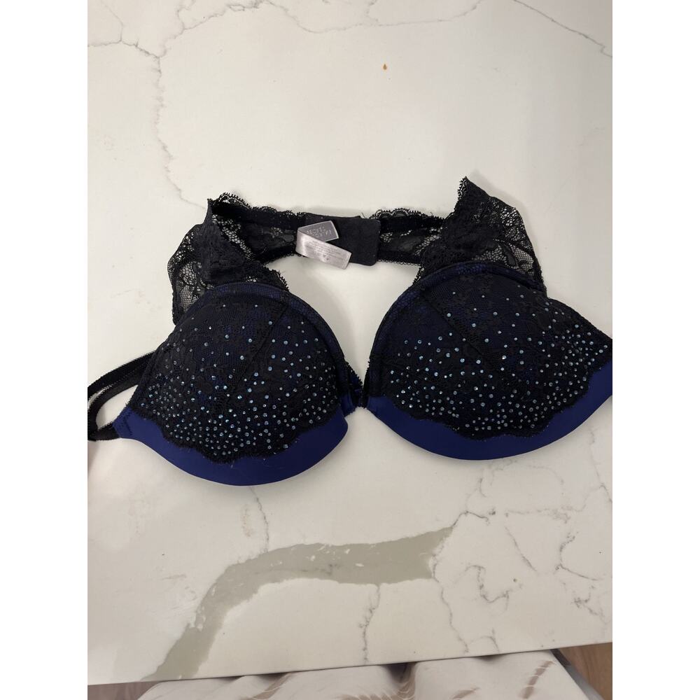 Victoria's Secret Push Up Bra 34D Sequins Navy Blue Black Lace Sexy Glam